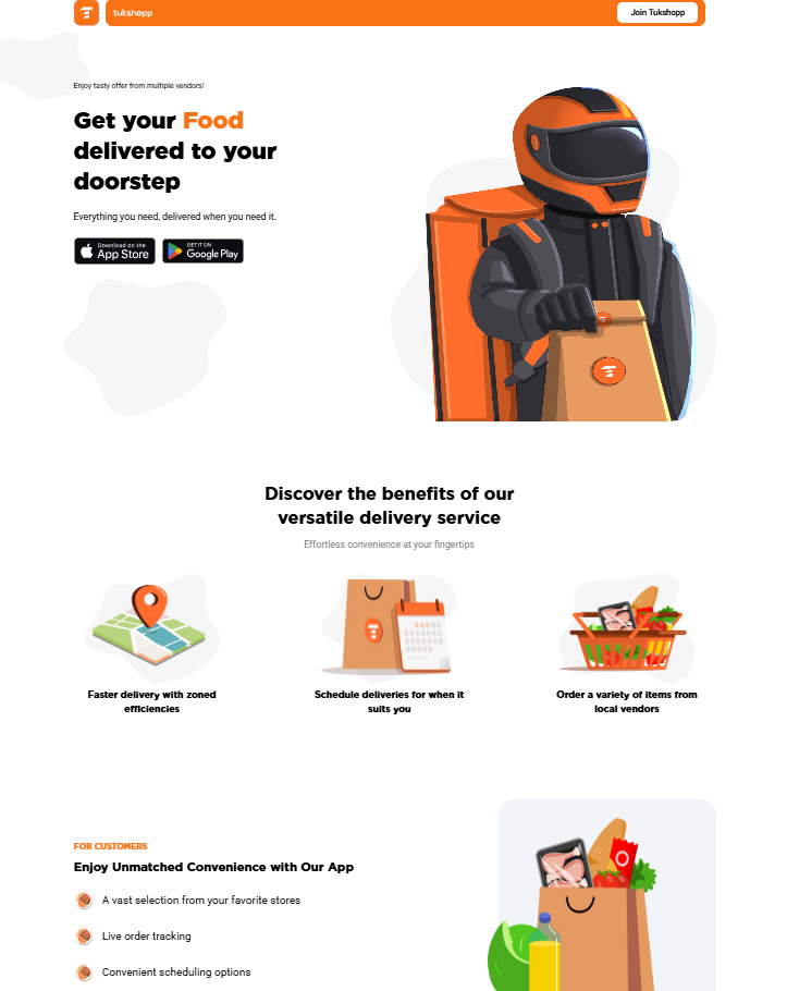 TukShopp delivery platform interface for ordering from restaurants and shops